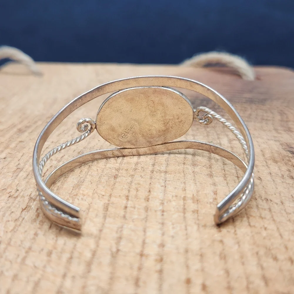 Vintage Alpaca Silver‎ Enameled Flower Cuff Bracelet